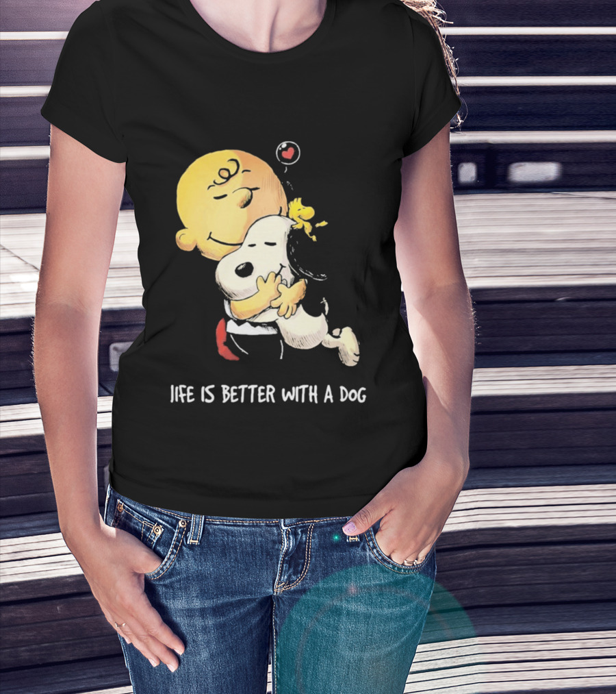 Snoopy Charlie Brown Life Is Better With A Dog Hugging Heart T-Shirt
