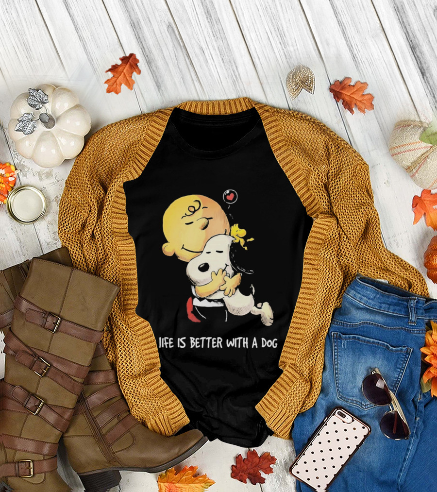 Snoopy Charlie Brown Life Is Better With A Dog Hugging Heart T-Shirt