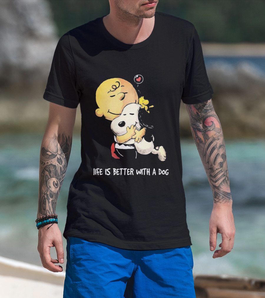 Snoopy Charlie Brown Life Is Better With A Dog Hugging Heart T-Shirt