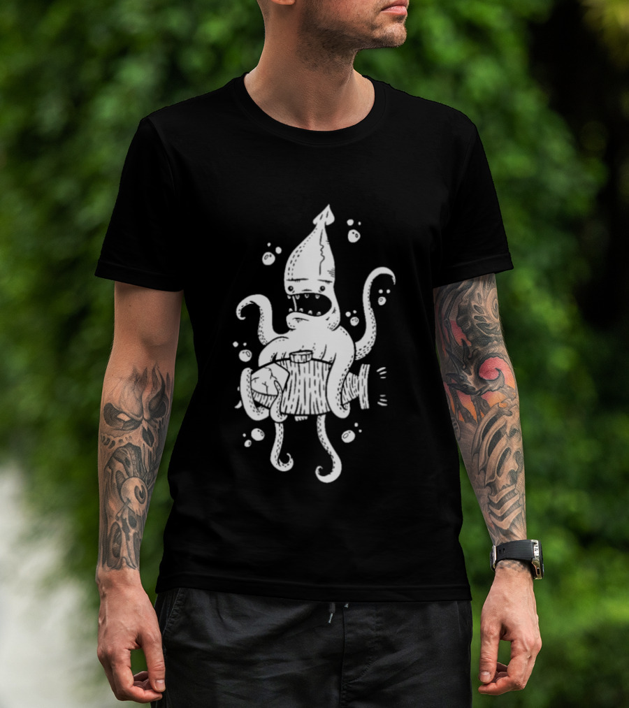 Squid Monster With Barrel Sea Creature Ocean Adventure T-Shirt
