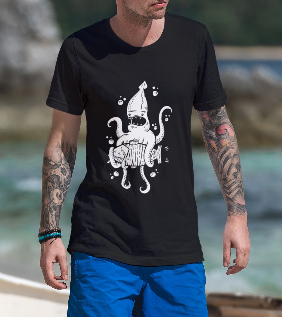Squid Monster With Barrel Sea Creature Ocean Adventure T-Shirt