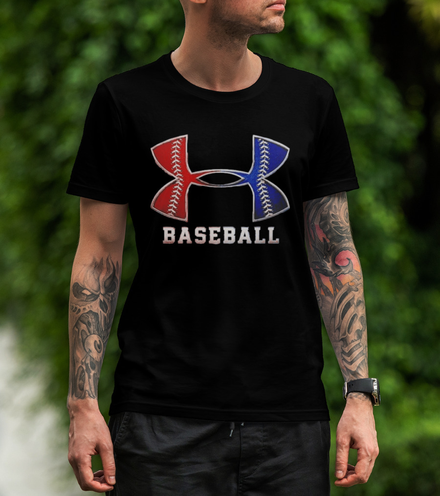 Under Armour Baseball Red Blue Stitch Performance Men T-Shirt