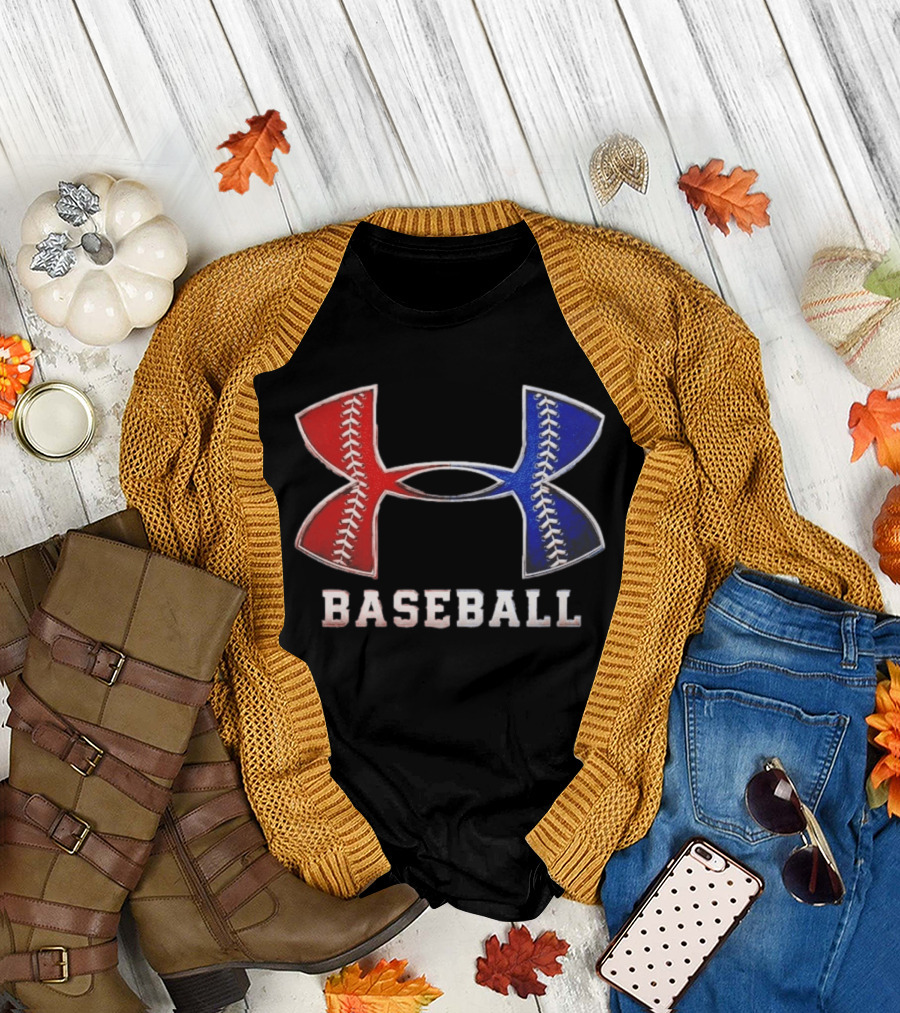 Under Armour Baseball Red Blue Stitch Performance Men T-Shirt