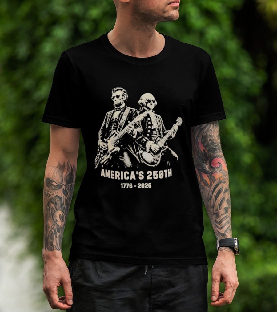 America's 250th 1776 2026 George Washington Abraham Lincoln Playing Guitar T-Shirt