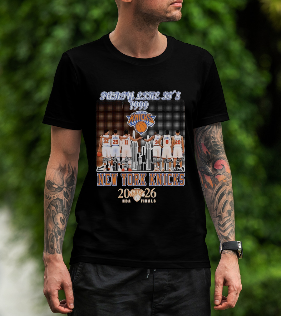 New York Knicks Party Like It's 1999 NBA Finals 2026 Karl Anthony Towns Mikal Bridges Jalen Brunson Patrick Ewing Latrell Sprewell T-Shirt