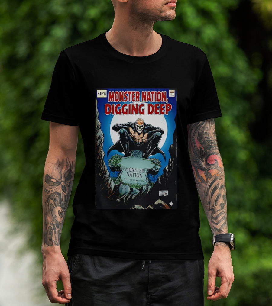 Monster Nation Digging Deep Comic Cover Tombstone Skeleton Superhero T-Shirt