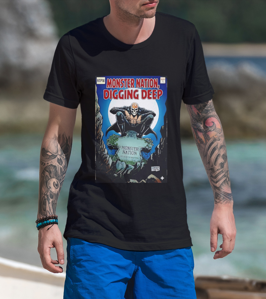 Monster Nation Digging Deep Comic Cover Tombstone Skeleton Superhero T-Shirt