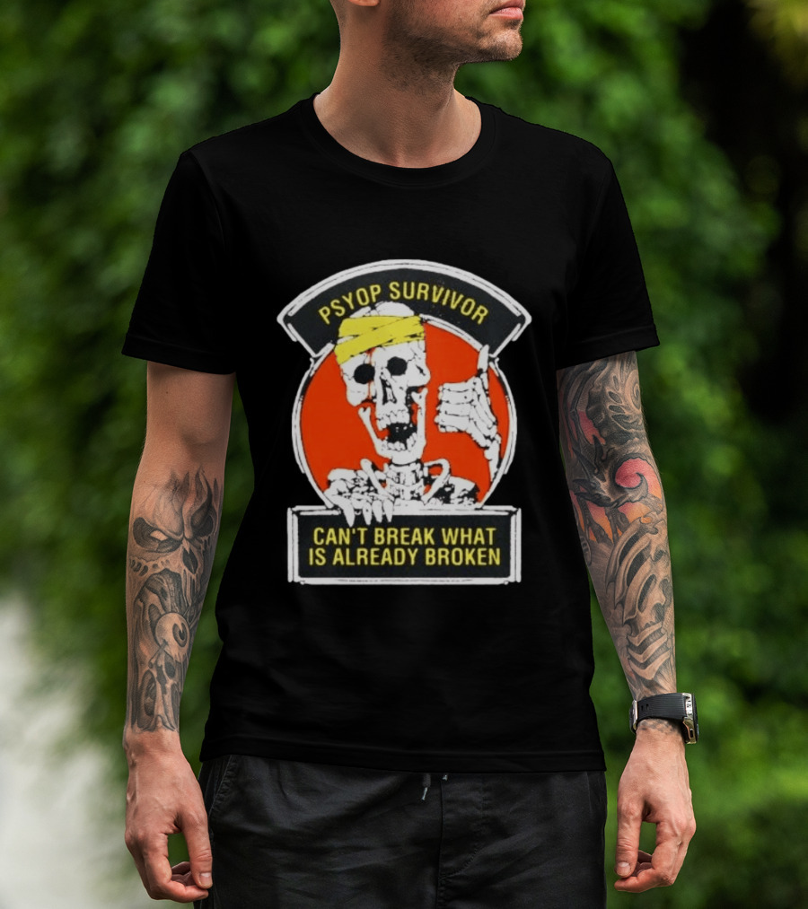 Psyop Survivor Skeleton Can't Break What Is Already Broken Yellow Bandana Thumbs Up T-Shirt