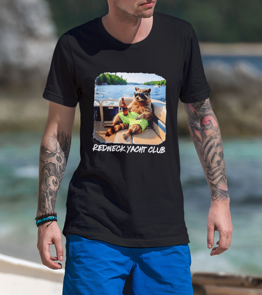 Redneck Yacht Club Raccoon Relaxing With Beer On A Boat T-Shirt