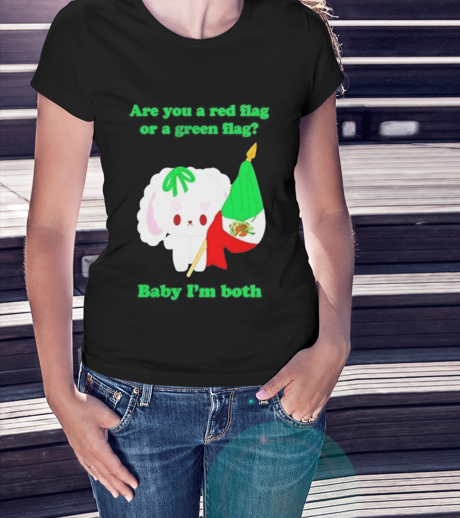 Nonomochi Mexico Flag Are You A Red Flag Or A Green Flag Cute Bunny Holding Mexican Flag T-Shirt