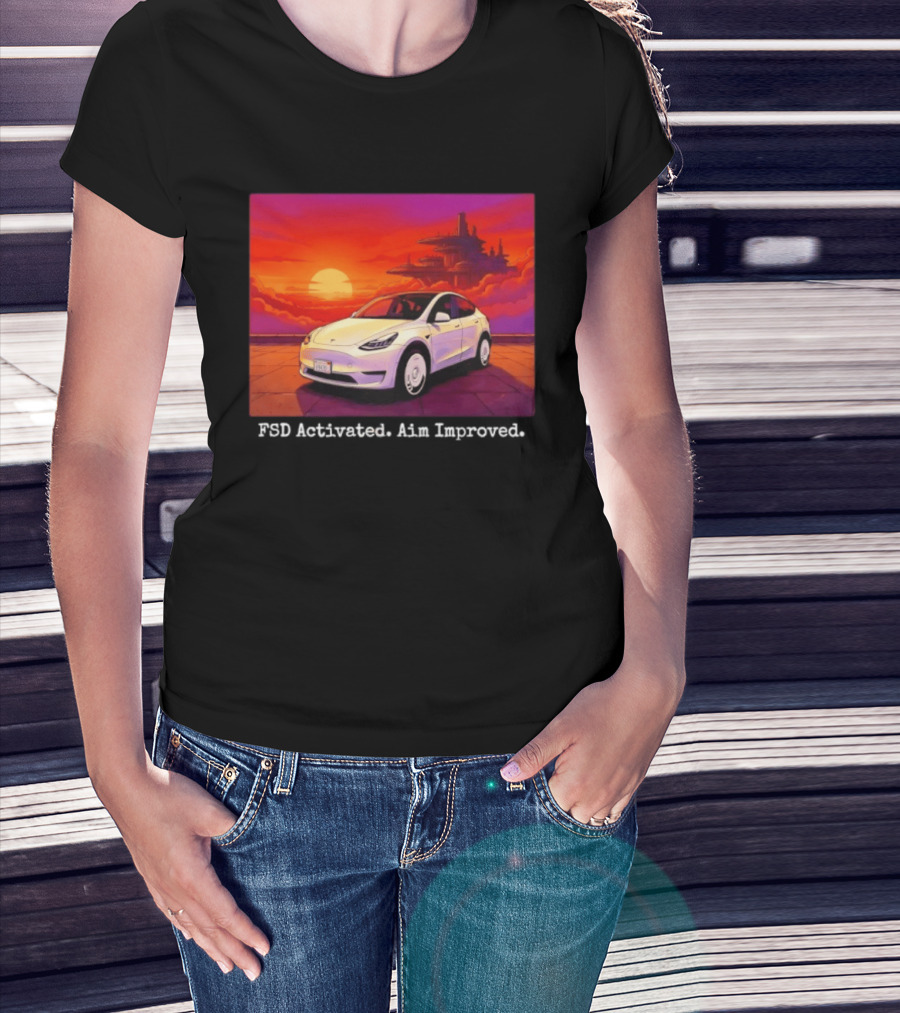 Tesla Model Y FSD Activated Aim Improved Sunset Futuristic City Scene T-Shirt
