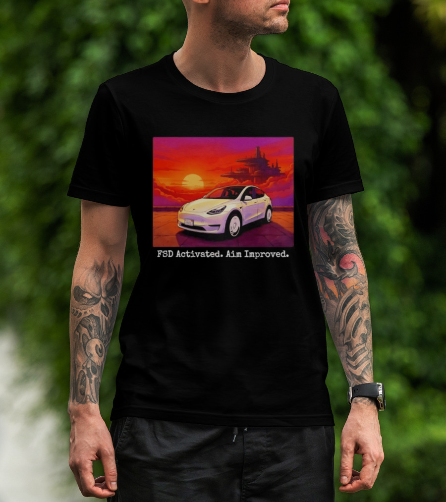 Tesla Model Y FSD Activated Aim Improved Sunset Futuristic City Scene T-Shirt