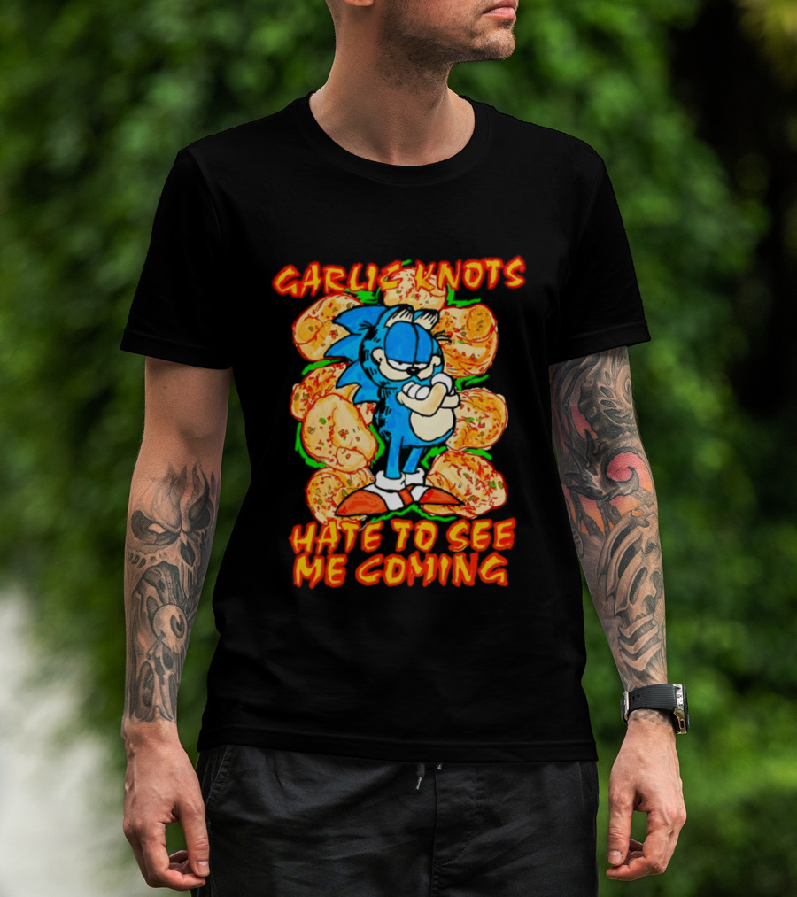 Garlic Knots Hate To See Me Coming Blue Character Surrounded By Cheesy Snacks T-Shirt