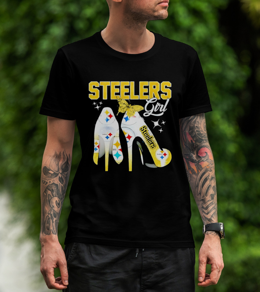 Steelers Girl High Heels With Butterfly And Stars T-Shirt
