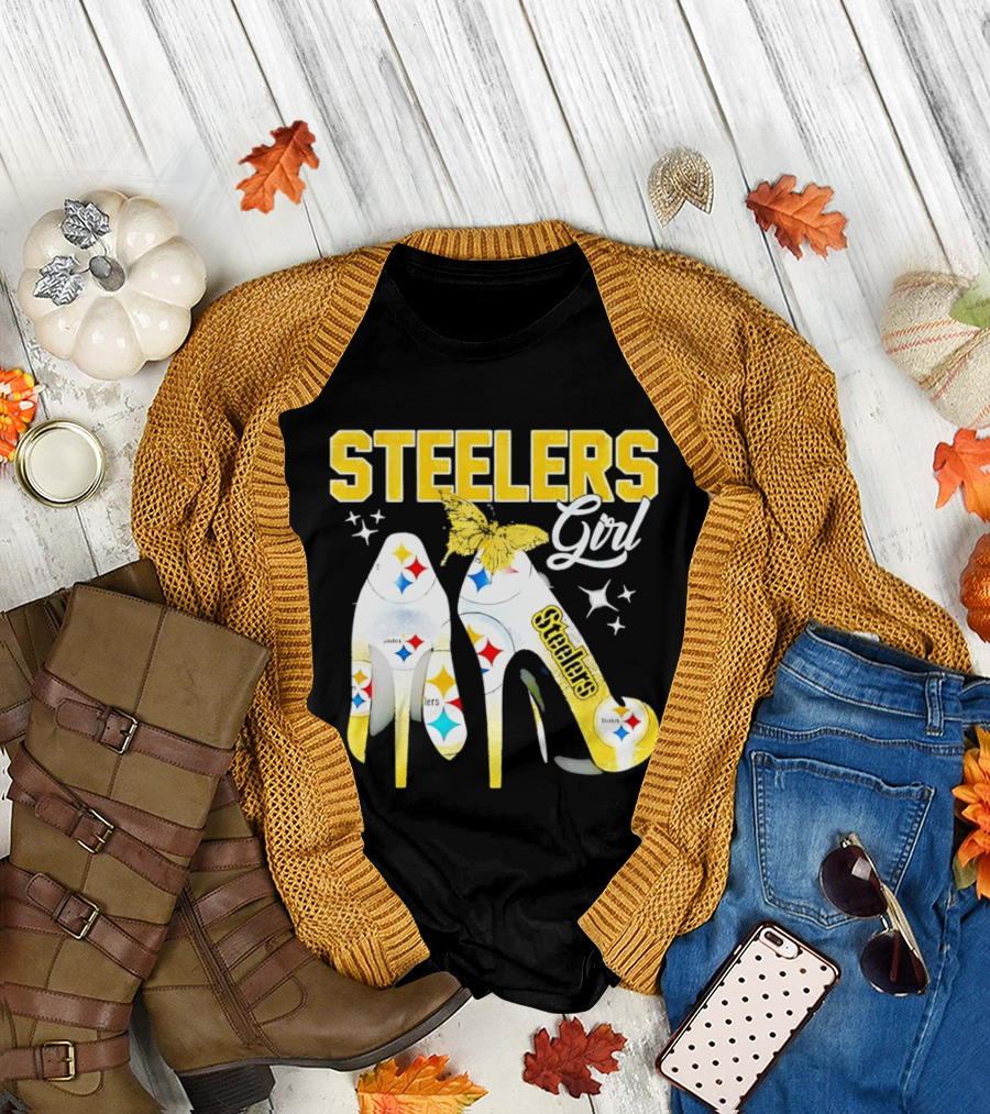 Steelers Girl High Heels with Butterfly and Stars T-Shirt