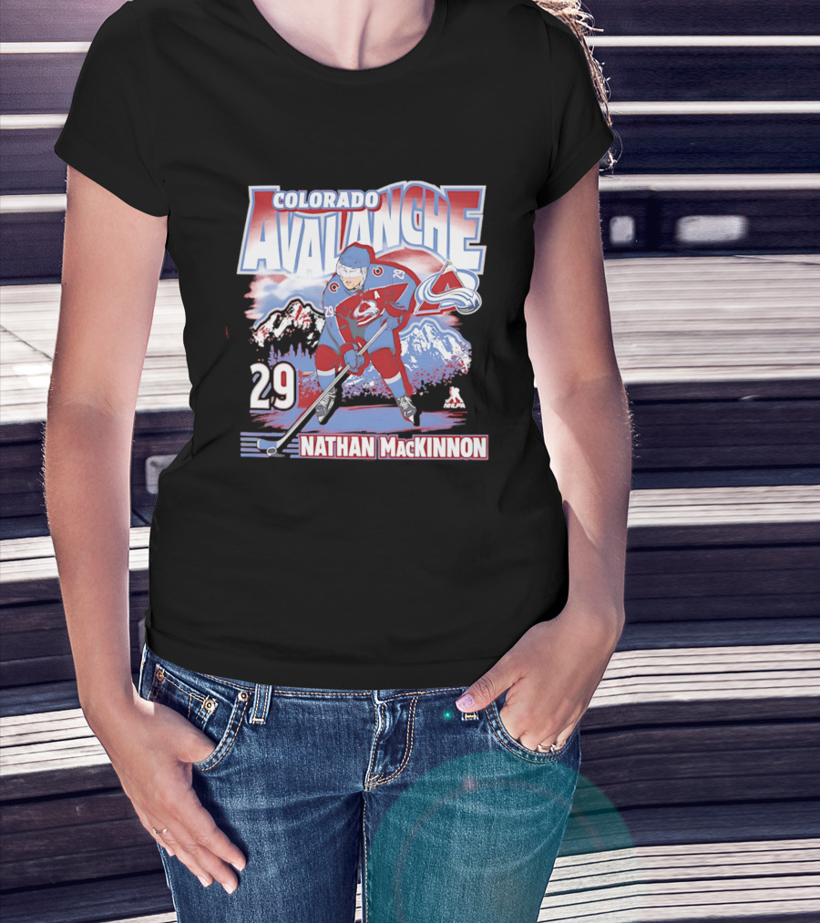 Colorado Avalanche Nathan MacKinnon 29 Hockey Mountain Scene T-Shirt