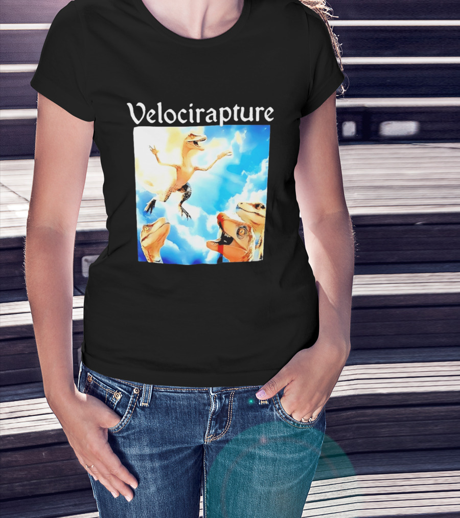 Velocirapture Dinosaur Raptor With Clouds And Blue Sky T-Shirt
