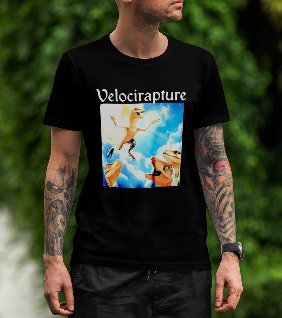 Velocirapture Dinosaur Raptor With Clouds And Blue Sky T-Shirt