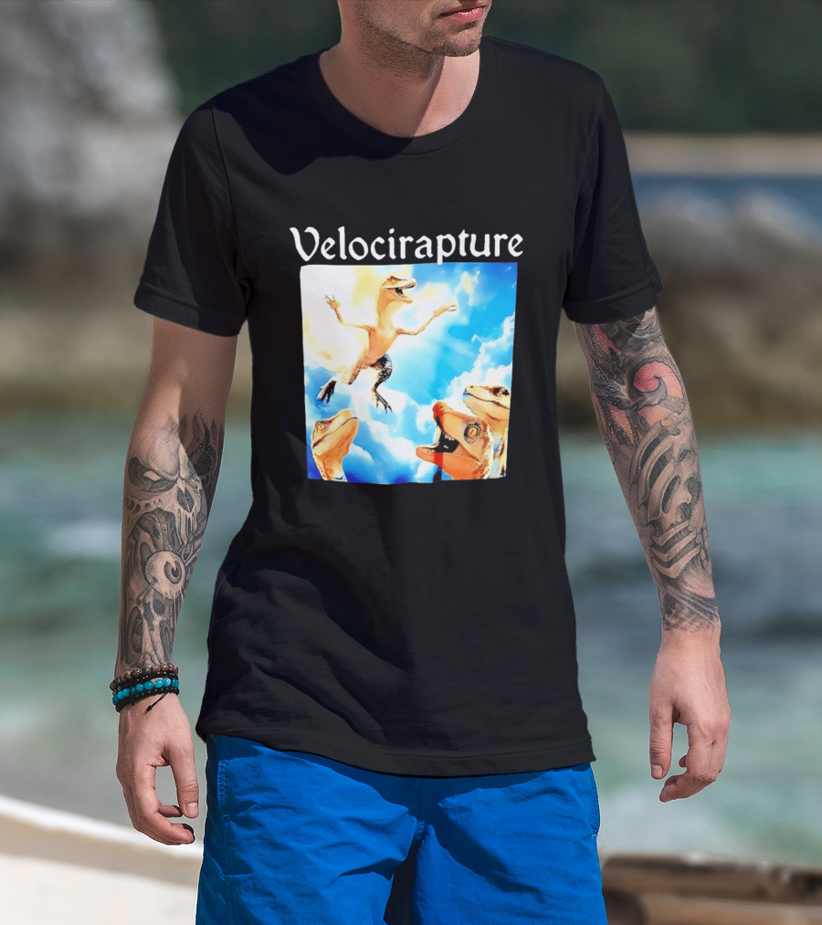 Velocirapture Dinosaur Raptor With Clouds And Blue Sky T-Shirt