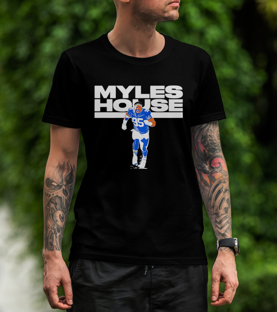 Myles Garrett Myles House 95 Football Player Blue And White T-Shirt