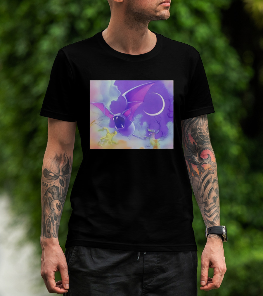 Spooky Bat With Pink Wings Flying Under Crescent Moon Halloween Night Scene T-Shirt