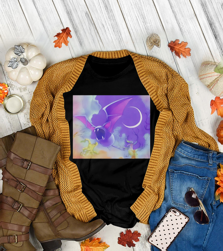 Spooky Bat With Pink Wings Flying Under Crescent Moon Halloween Night Scene T-Shirt