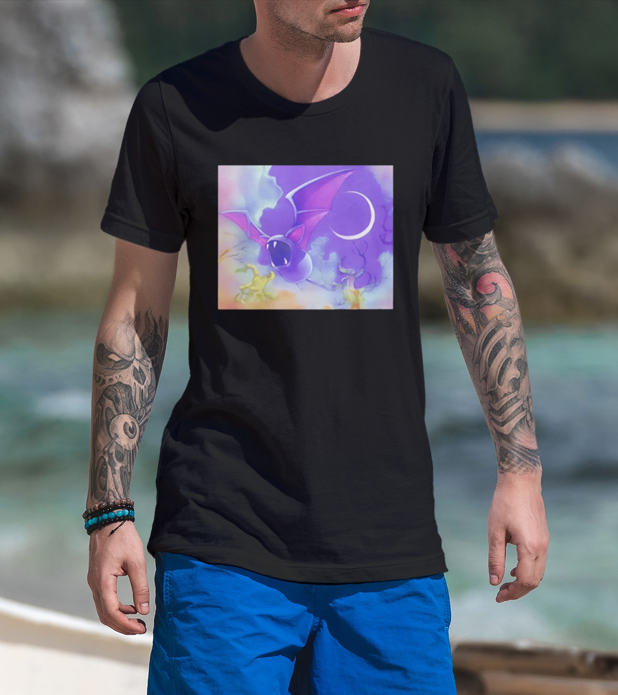 Spooky Bat With Pink Wings Flying Under Crescent Moon Halloween Night Scene T-Shirt