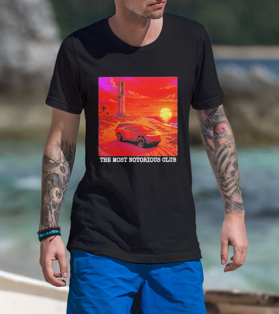 Tesla Cybertruck Sunset Beach Tower The Most Notorious Club T-Shirt