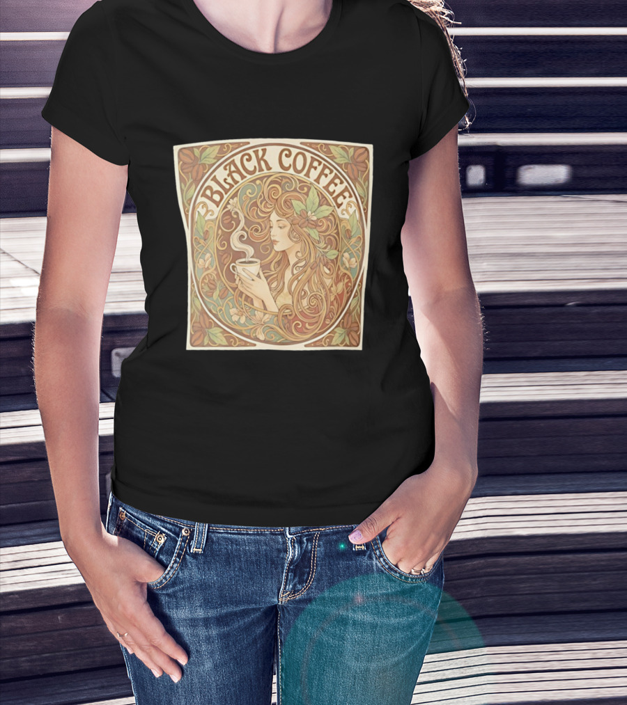 Black Coffee Nouveau Floral Steaming Art Deco T-Shirt
