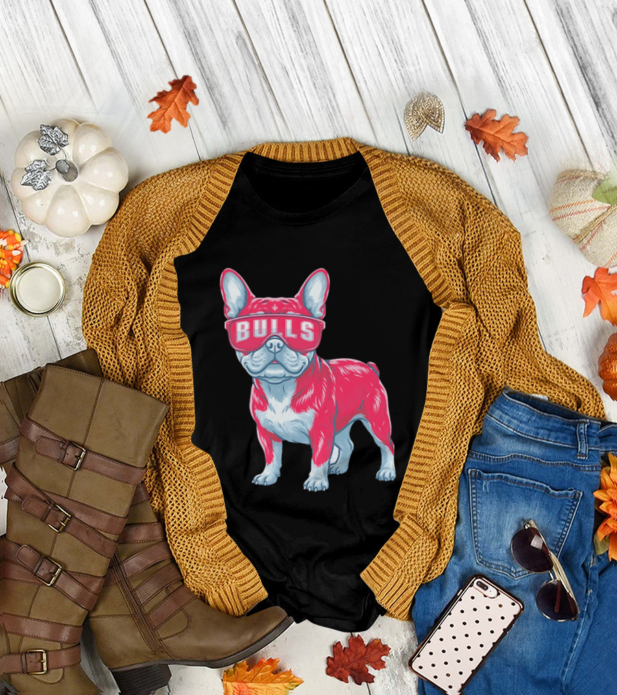 Chicago Bulls French Bulldog Wearing Bulls Glasses T-Shirt