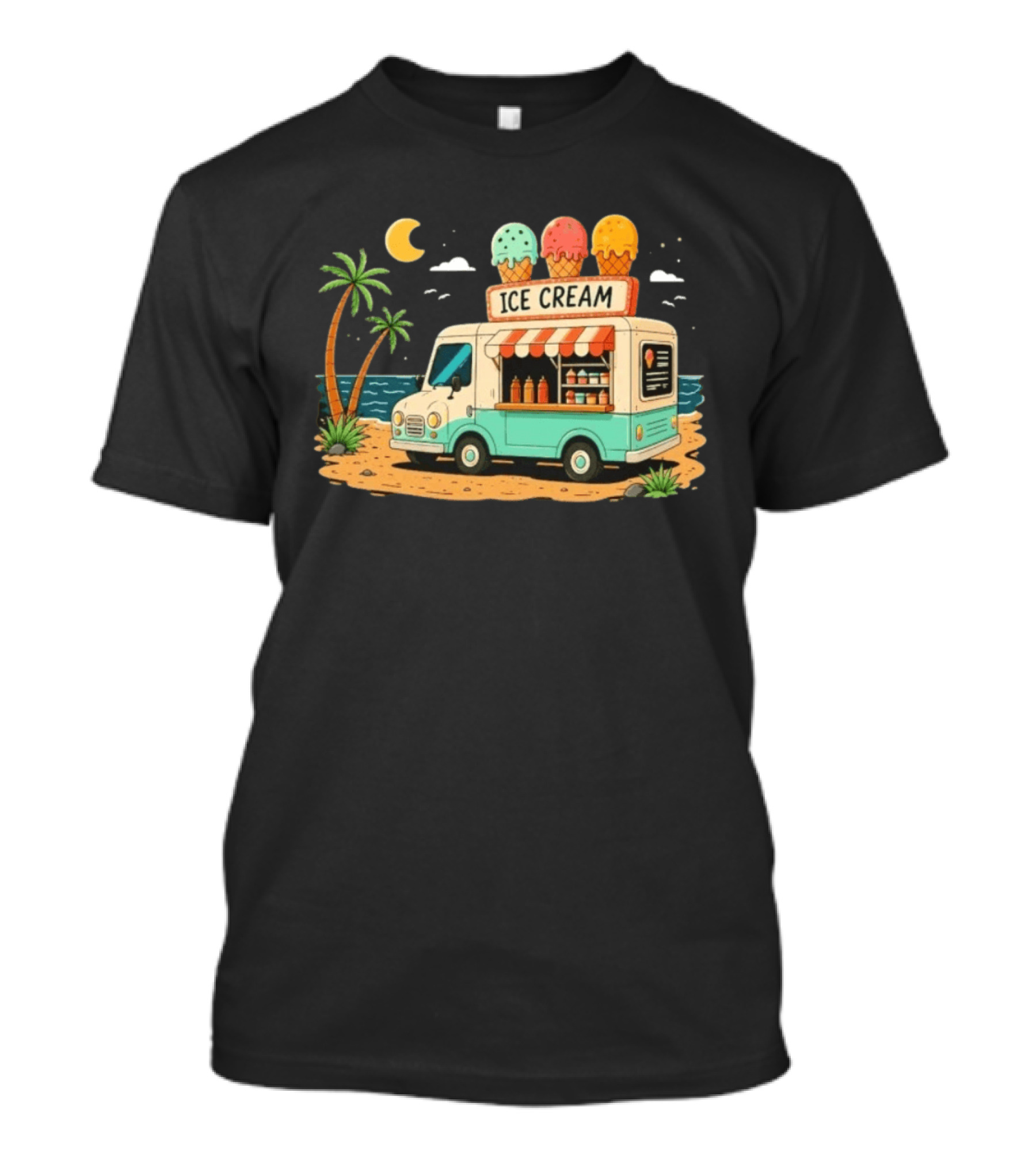 Ice Cream Truck Beach Night Tropical Ocean Summer Waves T-Shirt