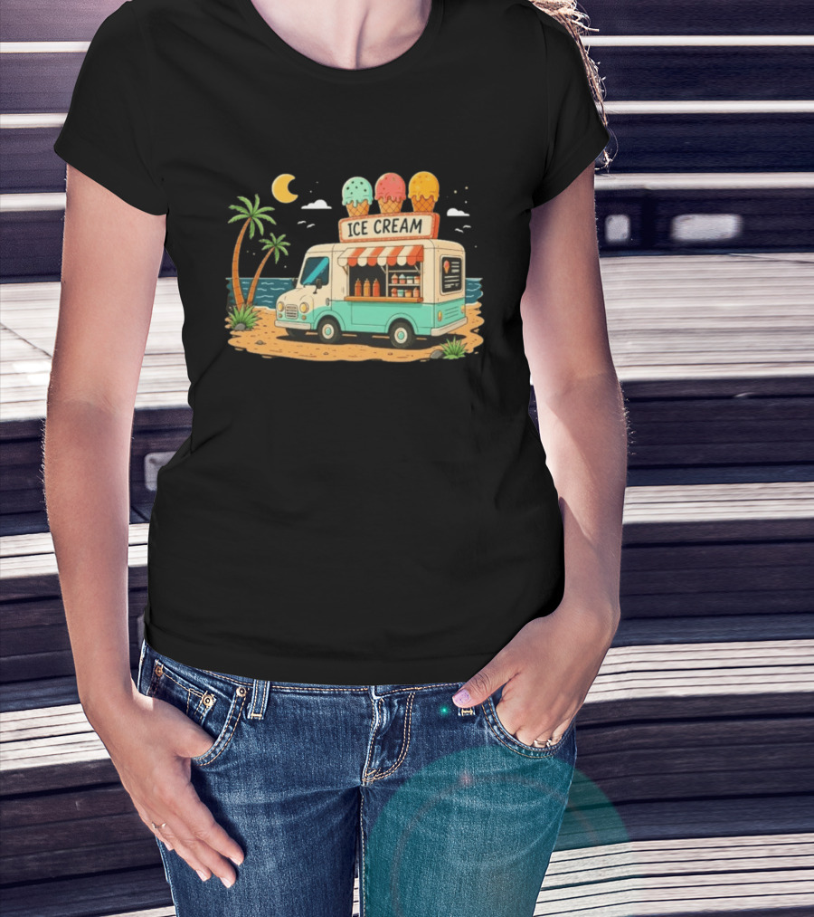 Ice Cream Truck Beach Night Tropical Ocean Summer Waves T-Shirt