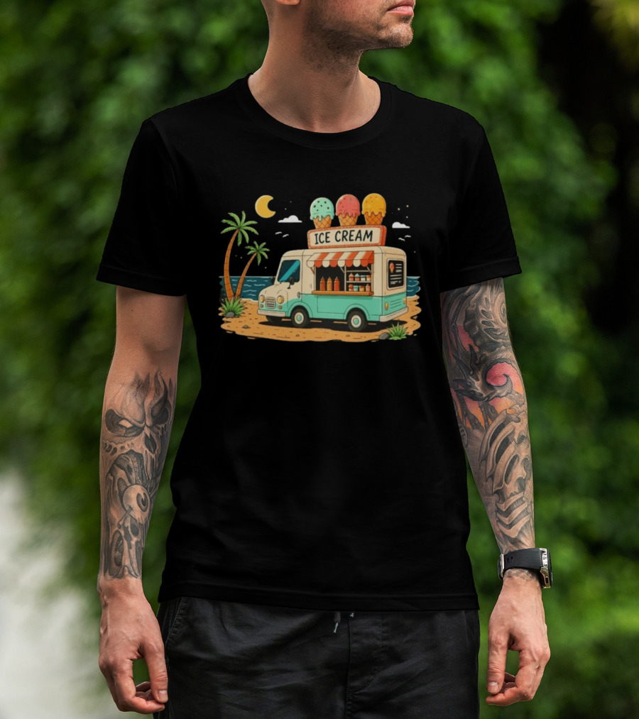 Ice Cream Truck Beach Night Tropical Ocean Summer Waves T-Shirt