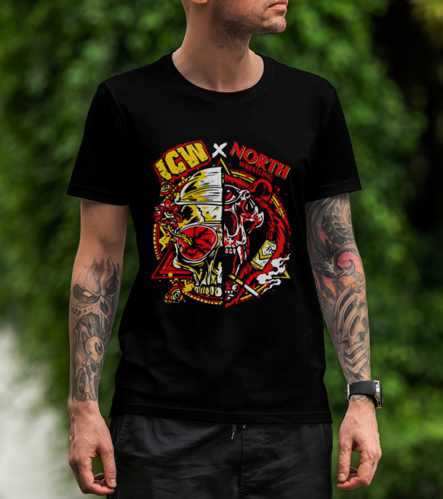 ICW X North Wrestling Split Skull Bear Head Concert Band T-Shirt