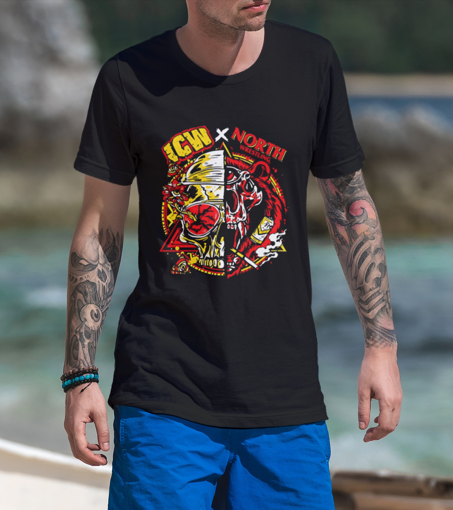 ICW X North Wrestling Split Skull Bear Head Concert Band T-Shirt