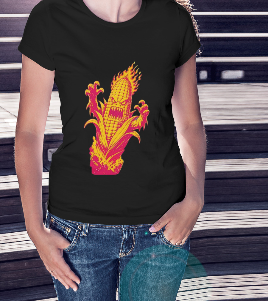 Fiery Mutant Corn Monster Kernels Of Terror Halloween Evil Cob T-Shirt