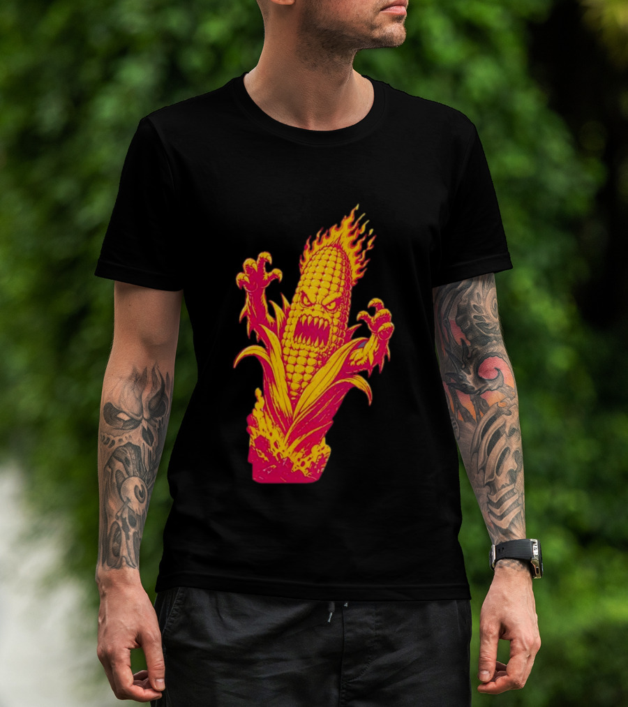 Fiery Mutant Corn Monster Kernels Of Terror Halloween Evil Cob T-Shirt