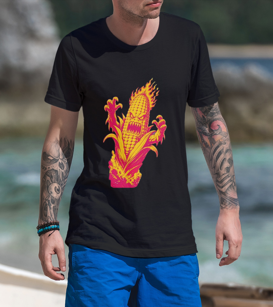 Fiery Mutant Corn Monster Kernels Of Terror Halloween Evil Cob T-Shirt