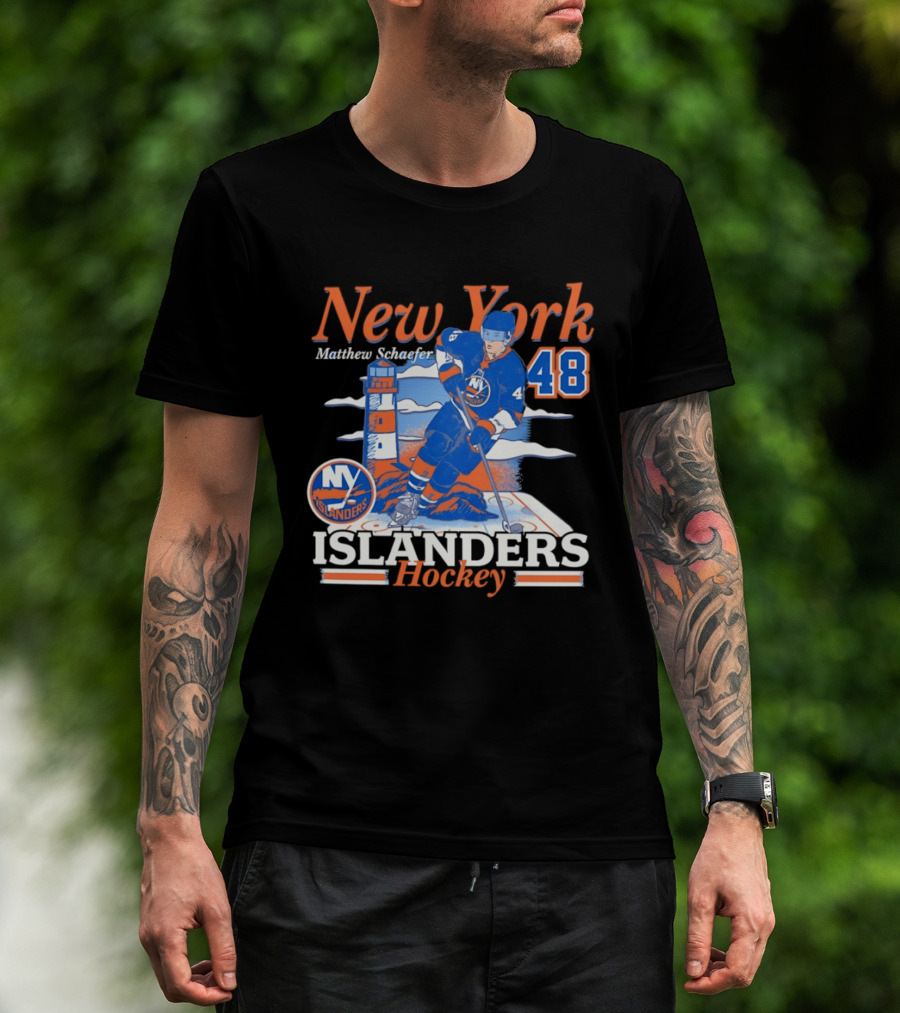 New York Islanders Hockey Matthew Schaefer 48 Player Lighthouse T-Shirt