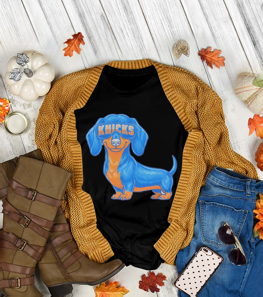 Knicks Dachshund Dog Cartoon Glasses T-Shirt