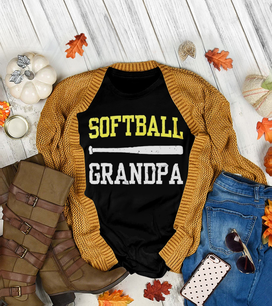 Softball Grandpa Proud Grandfather Game Day Crossed Bats T-Shirt