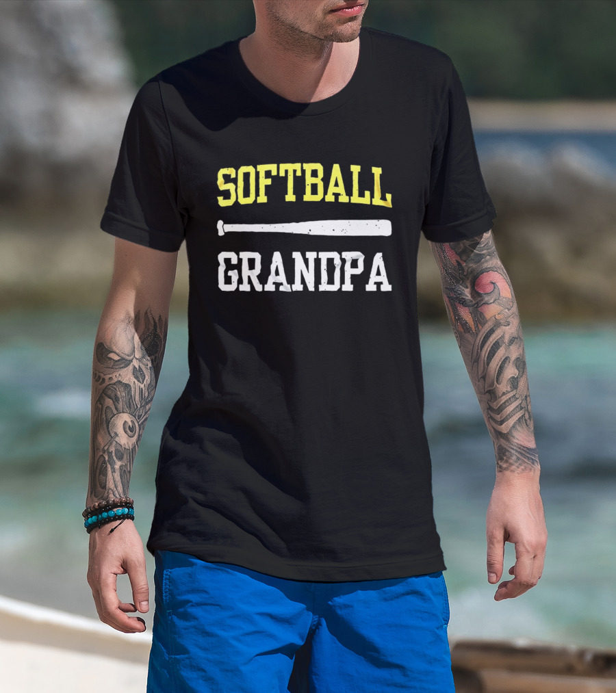 Softball Grandpa Proud Grandfather Game Day Crossed Bats T-Shirt