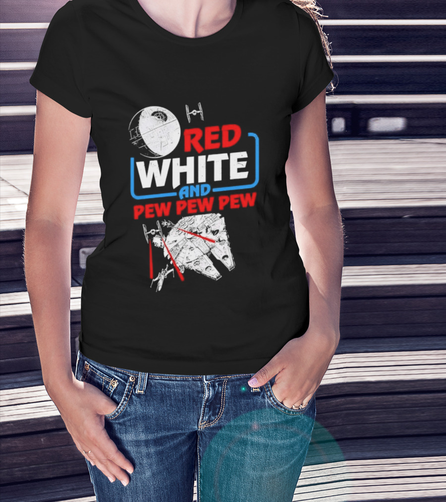 Star Wars Millennium Falcon Red White And Pew Pew Pew Death Star Tie Fighter T-Shirt