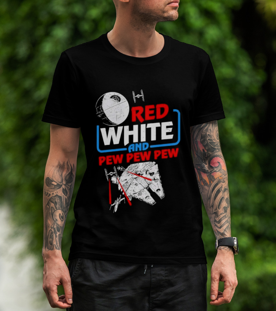 Star Wars Millennium Falcon Red White And Pew Pew Pew Death Star Tie Fighter T-Shirt