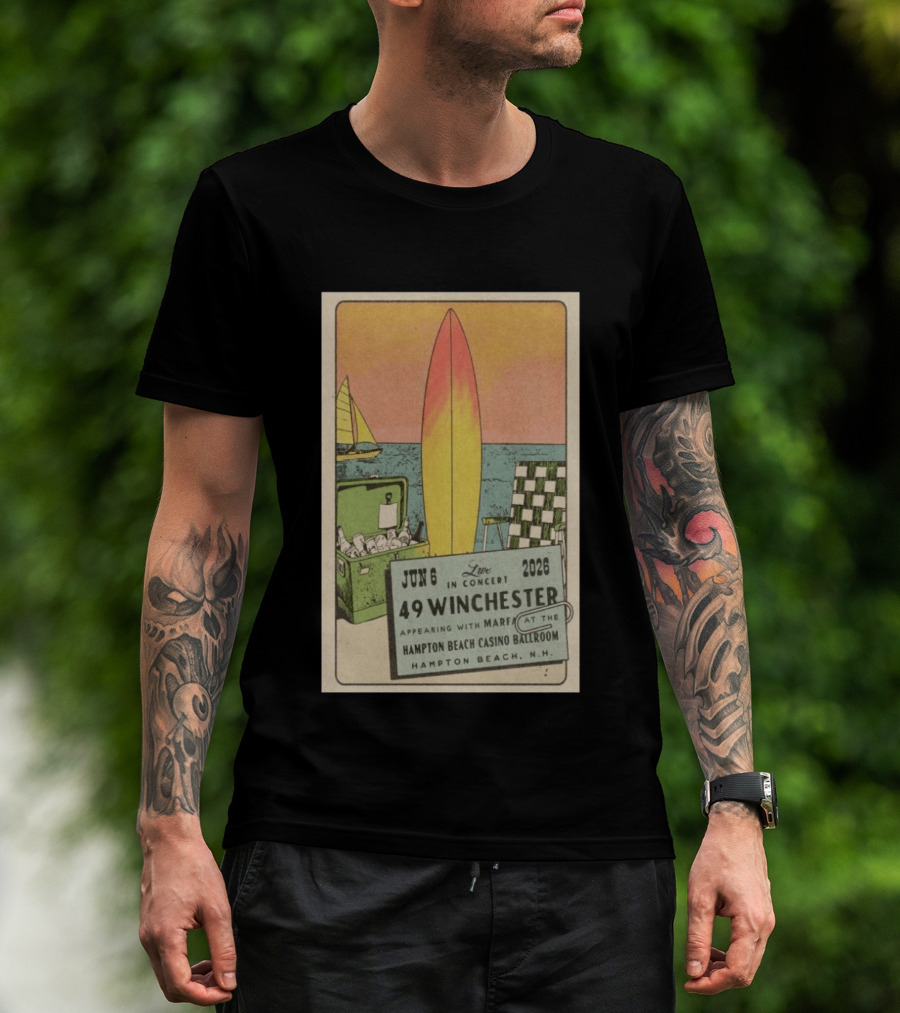 49 Winchester Live In Concert June 06 2026 Hampton Beach Casino Ballroom NH Appearing With Marfa Surfboard Ice Cooler Beach Scene T-Shirt
