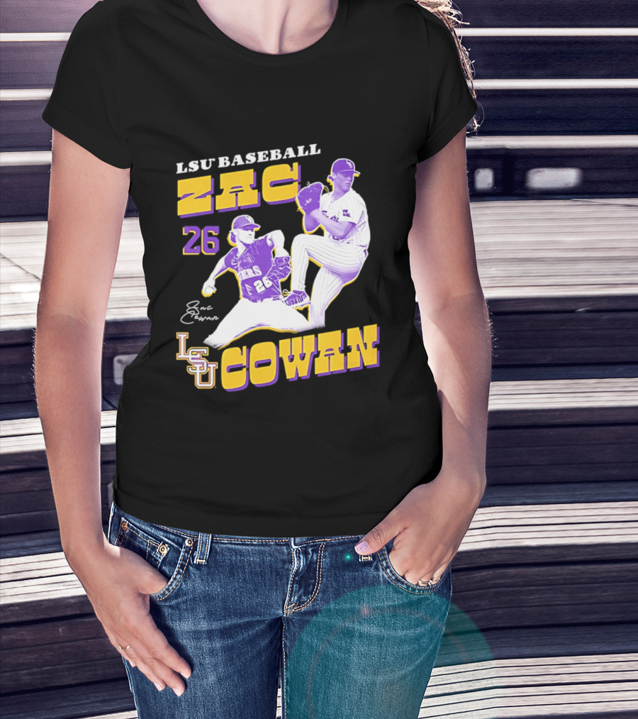 LSU Baseball Zac Cowan 26 Pitching Action Pose T-Shirt