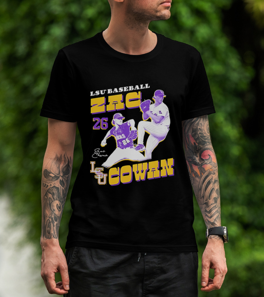 LSU Baseball Zac Cowan 26 Pitching Action Pose T-Shirt