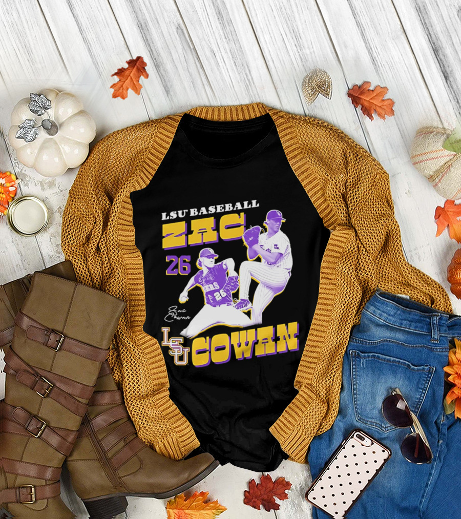 LSU Baseball Zac Cowan 26 Pitching Action Pose T-Shirt