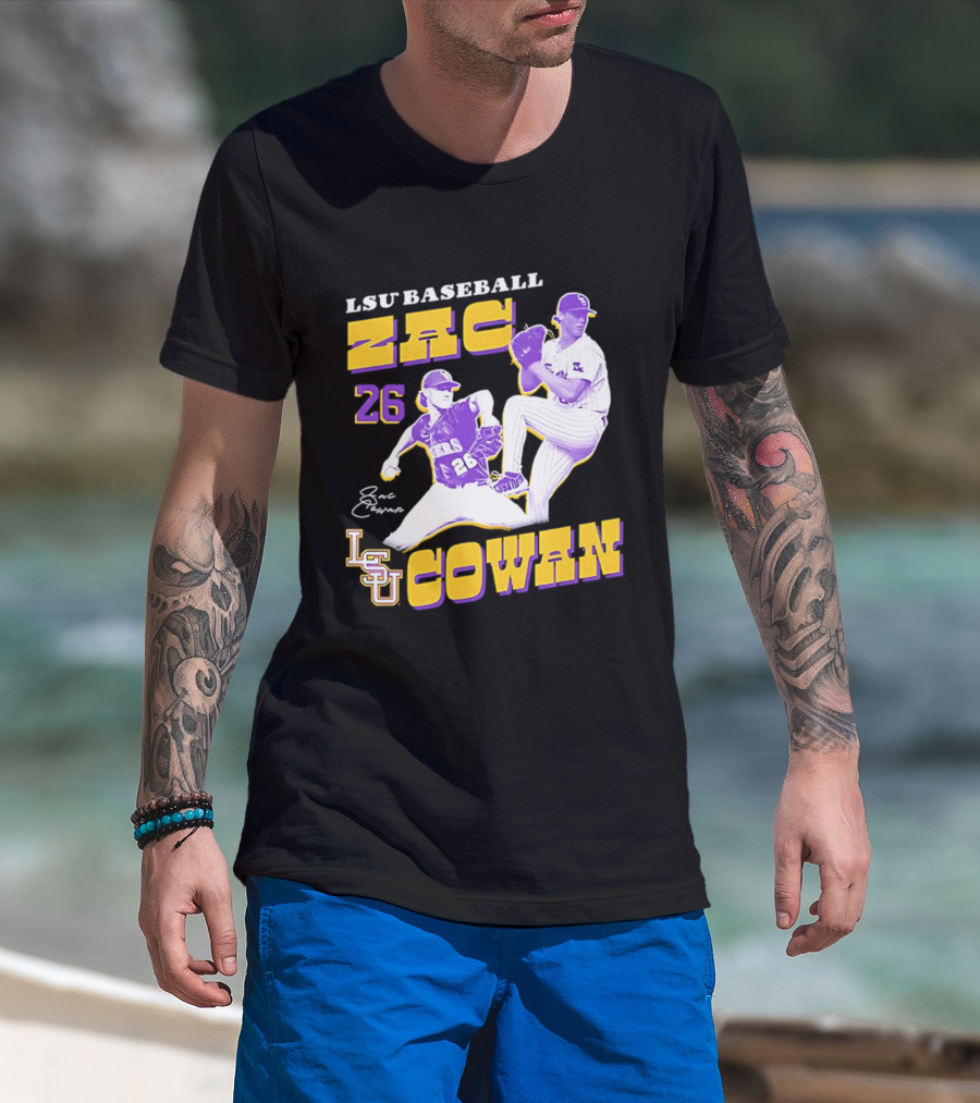 LSU Baseball Zac Cowan 26 Pitching Action Pose T-Shirt