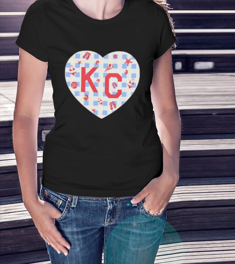 KC Heart Summertime Oatmeal Checkered Seashells And Starfish T-Shirt